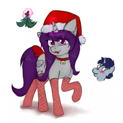 Size: 1839x1836 | Tagged: safe, artist:marsminer, derpibooru import, oc, oc:sleepy head, oc:wicked silly, unofficial characters only, pony, unicorn, bell, bell collar, bow, clothes, collar, hat, holly, holly mistaken for mistletoe, male, oc x oc, santa hat, shipping, stockings, straight, tail bow, wickedsleepy