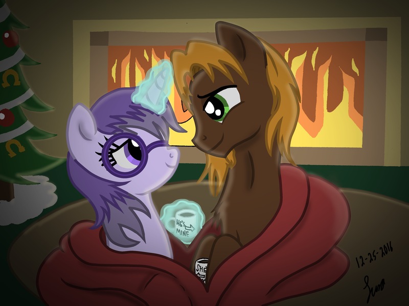 Size: 4032x3024 | Tagged: absurd resolution, artist:darkest-lunar-flower, chocolate, christmas, christmas tree, derpibooru import, fireplace, food, hearth's warming, hot chocolate, looking at each other, love, male, melsight, oc, oc:glass sight, oc:mellow rhythm, safe, shipping, straight, tree, unofficial characters only