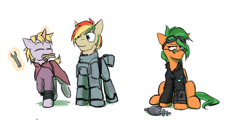 Size: 1280x675 | Tagged: safe, artist:captainhoers, derpibooru import, oc, oc:atom smasher, oc:ivy bells, oc:rainbow code, unofficial characters only, pegasus, pony, unicorn, fallout equestria, fallout equestria: make love not war, armor, goggles, power armor, powered exoskeleton, steel ranger, steel rangers