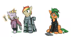 Size: 1280x675 | Tagged: safe, artist:captainhoers, derpibooru import, oc, oc:atom smasher, oc:ivy bells, oc:rainbow code, unofficial characters only, pegasus, pony, unicorn, fallout equestria, fallout equestria: make love not war, armor, goggles, power armor, powered exoskeleton, steel ranger, steel rangers