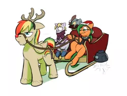 Size: 1280x960 | Tagged: artist:captainhoers, deer, derpibooru import, fallout equestria, fallout equestria: make love not war, goggles, oc, oc:atom smasher, oc:ivy bells, oc:rainbow code, oc:satellite sam, red nose, reindeer, reindeer antlers, reins, safe, sleigh, unofficial characters only