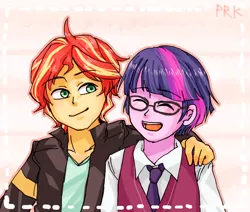 Size: 650x550 | Tagged: safe, artist:prk, derpibooru import, sci-twi, sunset shimmer, twilight sparkle, equestria girls, friendship games, bishonen, clothes, crystal prep academy uniform, dusk shine, duskglare, equestria guys, gay, glasses, jacket, male, pixiv, rule 63, school uniform, sci-dusk, shipping, sunset glare