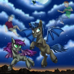 Size: 900x900 | Tagged: safe, artist:swanlullaby, derpibooru import, princess luna, oc, bat pony, human, pony, cloud, commission, flying, moon, night, night sky, rule 63, spread wings, stars