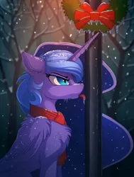 Size: 1610x2125 | Tagged: safe, artist:yakovlev-vad, derpibooru import, princess luna, alicorn, pony, annoyed, cheek fluff, chest fluff, christmas, clothes, ear fluff, eyeshadow, flag pole, fluffy, frozen, ice, icicle, lamppost, licking, makeup, metal, nightmare luna, pole, scarf, shoulder fluff, slit eyes, snow, snowfall, solo, stuck, tongue out, tongue stuck to pole, wing fluff, winter, winter coat, wreath