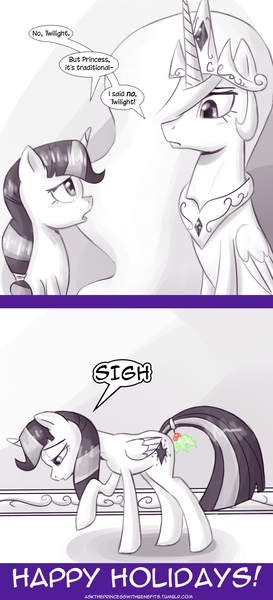 Size: 740x1627 | Tagged: suggestive, artist:deusexequus, derpibooru import, princess celestia, twilight sparkle, twilight sparkle (alicorn), alicorn, pony, ask the princess of friendship with benefits, comic, dialogue, female, holly, holly mistaken for mistletoe, lesbian, mare, mistletoe abuse, monochrome, partial color, shipping, speech bubble, twilestia