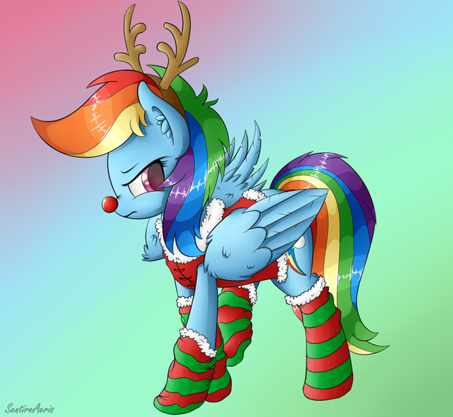 Size: 1518x1400 | Tagged: artist:sentireaeris, christmas, clothes, costume, cute, derpibooru import, frown, one wing out, rainbow dash, red nosed reindeer, reindeer dash, rudolph dash, safe, socks, solo, striped socks