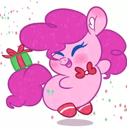 Size: 900x900 | Tagged: safe, artist:dailypinkiepie, derpibooru import, pinkie pie, blushing, bowtie, chibi, christmas, chubby, chubby cheeks, clothes, cute, diapinkes, ear fluff, eyes closed, happy, jumping, present, simple background, smiling, socks, solo, white background