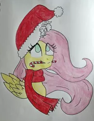 Size: 1413x1820 | Tagged: angel bunny, artist:floral-note, bust, candy, candy cane, clothes, derpibooru import, duo, eyes closed, fluttershy, food, hat, looking up, portrait, safe, santa hat, scarf, sitting on head, smiling, traditional art