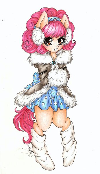 Size: 1024x1778 | Tagged: anthro, artist:bunnywhiskerz, blushing, clothes, cute, derpibooru import, earmuffs, jacket, muff, oc, ocbetes, oc:sock hop, safe, simple background, skirt, socks, solo, traditional art, unofficial characters only, white background