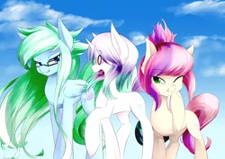 Size: 4093x2894 | Tagged: safe, artist:scynexx, derpibooru import, oc, oc:amaranthine sky, oc:reverie, oc:sweet skies, unofficial characters only, pegasus, pony, unicorn, absurd resolution, female, glasses, lesbian, lidded eyes, one eye closed, smiling, trio