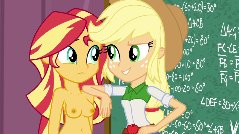 Size: 1280x720 | Tagged: questionable, derpibooru import, edit, edited edit, edited screencap, editor:ah96, editor:slayerbvc, screencap, applejack, sunset shimmer, equestria girls, friendship games, appleshimmer, breast edit, breasts, busty sunset shimmer, casual nudity, clothed female nude female, female, lesbian, nipples, nude edit, nudity, practitioner of naturism, shipping