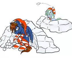 Size: 2500x2000 | Tagged: safe, artist:gtsdev, derpibooru import, oc, oc:seaward skies, oc:sweetwater, unofficial characters only, pegasus, pony, christmas, clothes, festive, goggles, snow, snowball, snowball fight, socks, striped socks, winter