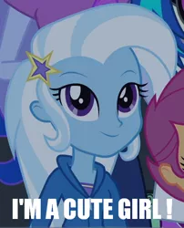 Size: 466x577 | Tagged: safe, derpibooru import, edit, edited screencap, screencap, scootaloo, trixie, equestria girls, caption, cropped, cute, diatrixes, image macro, meme, solo focus, trixie yells at everything