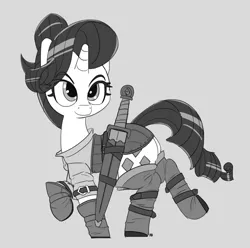 Size: 1280x1270 | Tagged: alternate hairstyle, alternate universe, armor, artist:pabbley, ciri, crossover, derpibooru import, grayscale, monochrome, raised hoof, rarity, safe, simple background, solo, sword, sword rara, the witcher, weapon
