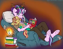 Size: 1200x925 | Tagged: safe, artist:kaemantis, deleted from derpibooru, derpibooru import, snowfall frost, starlight glimmer, sunset shimmer, anthro, unguligrade anthro, unicorn, adoption, book, candle, clothes, cute, duo, eyes closed, female, mare, open mouth, pillow, plushie, recliner, reindeer antlers, shimmerbetes, sleeping, younger