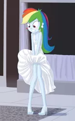 Size: 655x1060 | Tagged: suggestive, artist:carnifex, derpibooru import, edit, rainbow dash, equestria girls, blushing, breasts, cleavage, clothes, covering, dress, ear piercing, earring, embarrassed, female, high heels, jewelry, marilyn monroe, piercing, rainbow dash always dresses in style, skirt, skirt lift, solo, solo female, the seven year itch, tomboy taming, torn clothes, wind