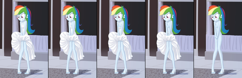 Size: 3295x1060 | Tagged: questionable, artist:carnifex, derpibooru import, rainbow dash, equestria girls, accidental exposure, blushing, bottomless, braless, breasts, cleavage, clothes, comic, covering, delicious flat chest, dress, ear piercing, earring, embarrassed, embarrassed nude exposure, female, high heels, jewelry, marilyn monroe, nipples, no panties, nudity, partial nudity, piercing, rainbow dash always dresses in style, rainbow flat, shoes only, skirt, skirt lift, solo, solo female, the seven year itch, tomboy taming, topless, torn clothes, wardrobe malfunction, wind