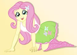 Size: 2221x1586 | Tagged: suggestive, artist:sumin6301, derpibooru import, fluttershy, equestria girls, all fours, breasts, clothes, cute, female, hairpin, looking at you, missing shoes, open mouth, shyabetes, skirt, skirt lift, smiling, socks, solo, stockings, tanktop