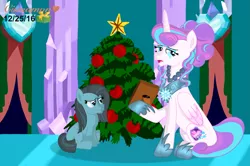 Size: 3313x2201 | Tagged: artist:cinnamon-swirls, christmas tree, crying, derpibooru import, eyeshadow, jewelry, makeup, necklace, oc, oc:pebblestone pie, offspring, older, parent:cheese sandwich, parent:pinkie pie, parents:cheesepie, picture frame, princess flurry heart, regalia, sad, safe, story in the source, tree