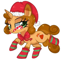 Size: 1720x1670 | Tagged: safe, artist:peachesandcreamated, derpibooru import, oc, oc:autumn science, unofficial characters only, pony, unicorn, bow, candy, candy cane, clothes, female, food, hat, mare, mouth hold, santa hat, simple background, socks, solo, striped socks, transparent background, ych result