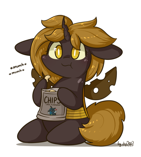 Size: 1567x1744 | Tagged: artist:dsp2003, blushing, brown changeling, changeling, changeling oc, changeling queen, changeling queen oc, chibi, chips, cute, derpibooru import, eating, female, food, oc, oc:chips, safe, simple background, solo, style emulation, transparent background, unofficial characters only