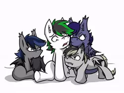 Size: 552x414 | Tagged: safe, artist:arrwulf, derpibooru import, oc, oc:echo, oc:eventide blossom, oc:halfmoon, oc:trance sequence, unofficial characters only, bat pony, earth pony, pony, angry, belly fluff, biting, chest fluff, chibi, ear fluff, ear tufts, female, frown, glare, imminent boop, imminent pain, male, mare, nuzzling, open mouth, racism, redraw, scared, simple background, sitting, stallion, tail, tail bite, tail pull, wat, white background, wide eyes, worried