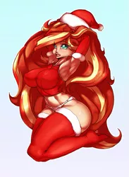 Size: 475x650 | Tagged: suggestive, artist:darkestmbongo, derpibooru import, sunset shimmer, equestria girls, arm behind head, armpits, ass, big breasts, big hair, boob socks, breasts, busty sunset shimmer, christmas, clothes, costume, curvy, evening gloves, female, gloves, hat, holiday, kneeling, long gloves, open mouth, panties, santa costume, santa hat, seductive look, seductive pose, sexy, sexy santa costume, socks, solo, solo female, stupid sexy sunset shimmer, thigh highs, underwear, vacuum sealed clothing