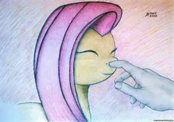 Size: 2809x1967 | Tagged: artist:ponystarpony, boop, bust, derpibooru import, eyes closed, fluttershy, hand, human, safe, smiling, traditional art