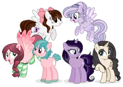 Size: 2728x1947 | Tagged: safe, artist:shizow, derpibooru import, oc, oc:bunny belle, oc:ivory rose, oc:jennabun, oc:pink peppermint, oc:purple blossom, oc:velvet scent, unofficial characters only, earth pony, pegasus, pony, unicorn, bow, clothes, cutie mark, flying, hair bow, raised hoof, simple background, socks, spread wings, striped socks, transparent background, unshorn fetlocks, vector