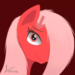 Size: 1024x1024 | Tagged: artist:aaron1122, bust, derpibooru, derpibooru import, derpibooru ponified, hair over one eye, looking at you, meta, oc, oc:downvote, ponified, portrait, red, red background, safe, simple background, smiling, solo, unofficial characters only