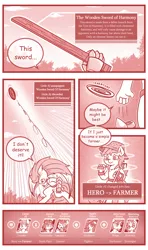 Size: 800x1353 | Tagged: anthro, anthro oc, artist:vavacung, comic, comic:chaos future, crying, derpibooru import, monochrome, oc, oc:aerial ace, oc:alternate dawn, oc:apple eden, oc:little aj, oc:morning sunrise, oc:super surprise, offspring, parent:applejack, parents:canon x oc, parent:unnamed oc, safe, unofficial characters only, wooden sword