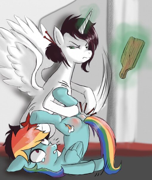 Size: 1110x1308 | Tagged: suggestive, artist:minalhan, derpibooru import, rainbow dash, oc, oc:eaststern, alicorn, pony, abuse, alicorn oc, dashabuse, featureless crotch, paddle, spanking