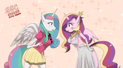 Size: 1599x890 | Tagged: anthro, artist:traupa, breasts, busty princess cadance, cleavage, clothes, derpibooru import, dress, duo, duo female, female, looking at each other, mane swap, open mouth, princess cadance, princess celestia, sideboob, side slit, skirt, sudden style change, suggestive