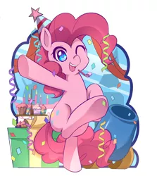 Size: 2460x2760 | Tagged: safe, artist:caibaoreturn, derpibooru import, pinkie pie, earth pony, pony, confetti, cute, diapinkes, female, hat, mare, one eye closed, open mouth, party cannon, party hat, party horn, smiling, solo