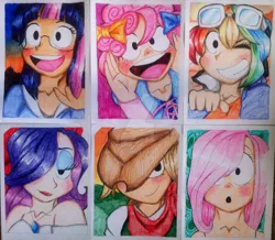 Size: 1280x1114 | Tagged: applejack, artist:artfrog75, derpibooru import, fluttershy, glasses, human, humanized, mane six, :o, one eye closed, open mouth, pinkie pie, rainbow dash, rarity, safe, traditional art, twilight sparkle, watermark, wink