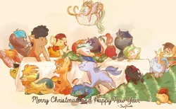 Size: 3830x2352 | Tagged: artist:segraece, changeling, chibi, christmas, christmas tree, cute, derpibooru import, group, oc, ocbetes, safe, table, tree, unofficial characters only