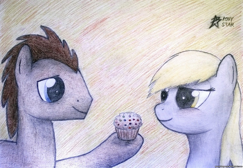 Size: 2826x1960 | Tagged: safe, artist:ponystarpony, derpibooru import, derpy hooves, doctor whooves, time turner, pegasus, pony, female, food, hoof hold, mare, muffin, traditional art