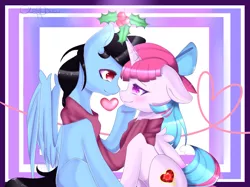 Size: 983x734 | Tagged: safe, artist:clefficia, derpibooru import, oc, unofficial characters only, pegasus, pony, bow, clothes, female, hair bow, holly, holly mistaken for mistletoe, male, mare, oc x oc, scarf, shipping, stallion, straight