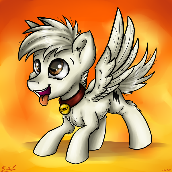 Size: 3024x3024 | Tagged: safe, artist:gaelledragons, derpibooru import, oc, oc:bolt the super pony, ponified, unofficial characters only, pegasus, pony, behaving like a dog, bolt, collar, cute, diabetes, dog collar, pet tag, solo, spread wings, tongue out