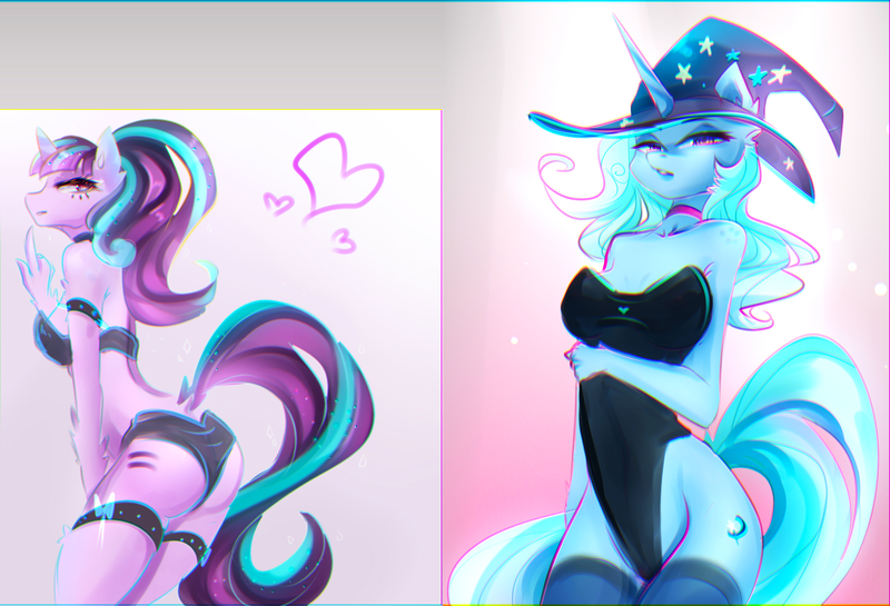 Size: 3260x2222 | Tagged: anthro, anthro and pony pack, artist:mexr, derpibooru import, edit, starlight glimmer, suggestive, trixie