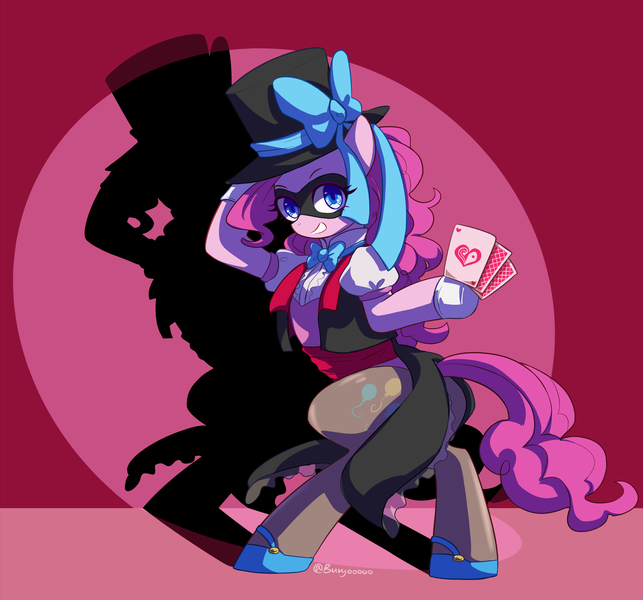 Size: 1850x1725 | Tagged: safe, artist:buryooooo, derpibooru import, pinkie pie, pony, bipedal, card, clothes, hat, looking at you, mask, signature, solo, spotlight, thief, top hat