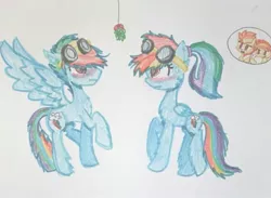 Size: 923x677 | Tagged: artist:creeperzapminecraft, dashblitz, derpibooru import, firestorm, goggles, male, mistletoe, rainbow blitz, rainbow dash, rule 63, safe, selfcest, self ponidox, shipping, simple background, spitfire, spread wings, straight, traditional art, white background