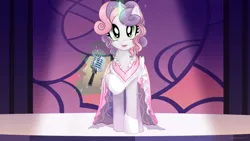 Size: 900x506 | Tagged: artist:morgwaine, clothes, derpibooru import, disney fanatic, dress, magic, microphone, older, safe, singing, solo, stage, sweetie belle, the bride of discord