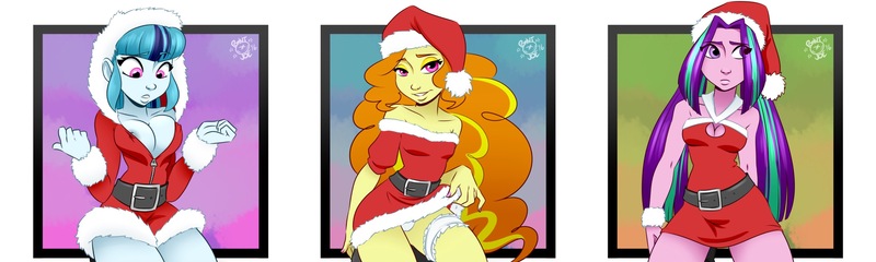 Size: 3264x979 | Tagged: questionable, artist:ponut_joe, derpibooru import, adagio dazzle, aria blaze, sonata dusk, equestria girls, adoragio, adorasexy, ariabetes, bedroom eyes, boob window, breasts, busty sonata dusk, cameltoe, christmas, cleavage, clothes, costume, cute, female, garter, hat, kneeling, looking at you, looking down, nail polish, nipple slip, nipples, nudity, panties, santa costume, santa hat, sexy, skirt, skirt lift, sonatabetes, the dazzlings, underwear, upskirt, wardrobe malfunction, white underwear