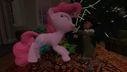 Size: 1366x768 | Tagged: safe, artist:horsesplease, derpibooru import, pinkie pie, human, 3d, christmas, christmas lights, christmas tree, cookie, eyes closed, food, gmod, happy, olivia mann, present, stroking, tree