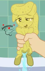 Size: 1636x2584 | Tagged: suggestive, artist:badumsquish, derpibooru import, oc, ponified, unofficial characters only, object pony, original species, pony, sponge pony, ahegao, badumsquish strikes again, bathtub, crush fetish, dialogue, dripping, female, female orgasm, floppy ears, freckles, hand, heart, holding a pony, implied vaginal secretions, in goliath's palm, offscreen character, open mouth, orgasm, pov, shoulder freckles, sponge, squeezing, squirting, tongue out, wat, water, wet