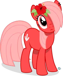 Size: 2000x2404 | Tagged: safe, artist:arifproject, derpibooru import, oc, oc:downvote, ponified, unofficial characters only, pony, derpibooru, derpibooru ponified, ear piercing, flower, flower in hair, hair over one eye, hibiscus, ironic upvotes, looking up, meta, piercing, red, simple background, solo, transparent background, vector