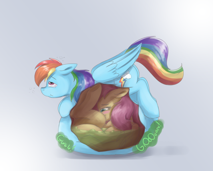 Size: 1644x1323 | Tagged: artist:swiftsketchpone, belly, belly bed, derpibooru import, digestion, fetish, flutterprey, fluttershy, implied death, impossibly large belly, preddash, questionable, rainbow dash, semi-grimdark, size difference, stomach acid, stomach noise, vore, willing vore, x-ray
