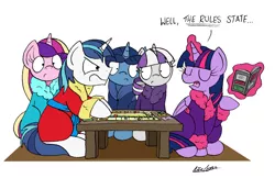 Size: 2301x1487 | Tagged: safe, artist:bobthedalek, derpibooru import, night light, princess cadance, shining armor, twilight sparkle, twilight sparkle (alicorn), twilight velvet, alicorn, pony, angry, argument, bathrobe, clothes, dialogue, eyes closed, frown, levitation, magic, monopoly, open mouth, rules lawyer, simple background, sitting, table, telekinesis, this will end in tears, this will not end well, white background