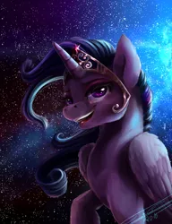 Size: 1000x1300 | Tagged: safe, artist:yummiestseven65, derpibooru import, twilight sparkle, twilight sparkle (alicorn), alicorn, pony, alternate hairstyle, crown, element of magic, jewelry, open mouth, raised hoof, regalia, signature, smiling, solo, space, stars